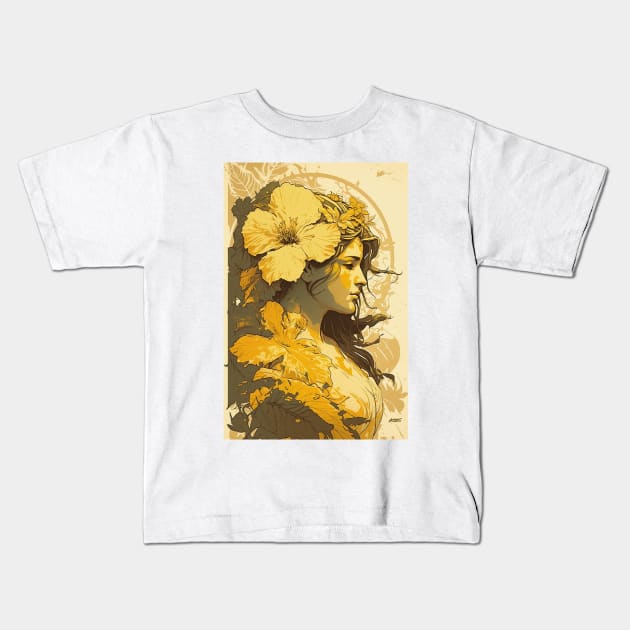 Hawaiian Lady with Yellow Hibiscus Kids T-Shirt by ArtNouveauChic